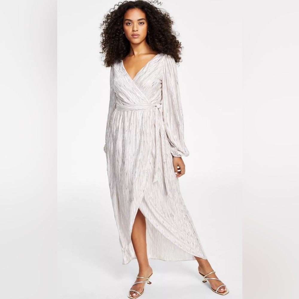 NWT Guess Metallic-Striped Faux-Wrap Maxi Dress (Champagne)